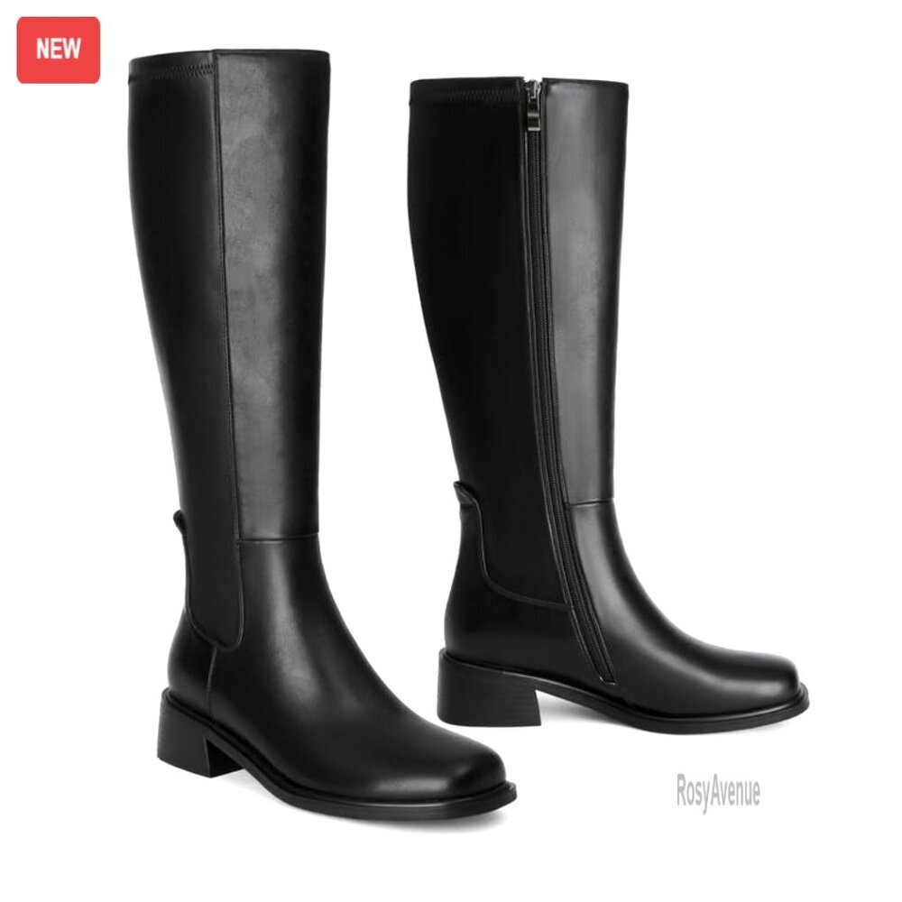 Knee High Faux Leather Boots Low Heel Square Toe Side Zipper Stretch Tall Boots - Picture 5 of 6